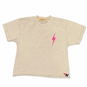 Aviator Nation Beige Tee with Pink Lightning Bolt
